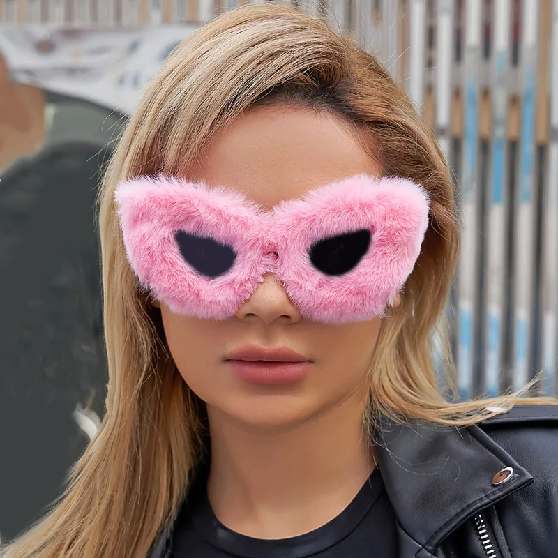 

Hip Hop Fluffy Cat Eye Sun Glasses Female Vintage Party Eyewear Winter Cute Plush Sunscreen Sunglasses Funny Cosplay Eyeglasses