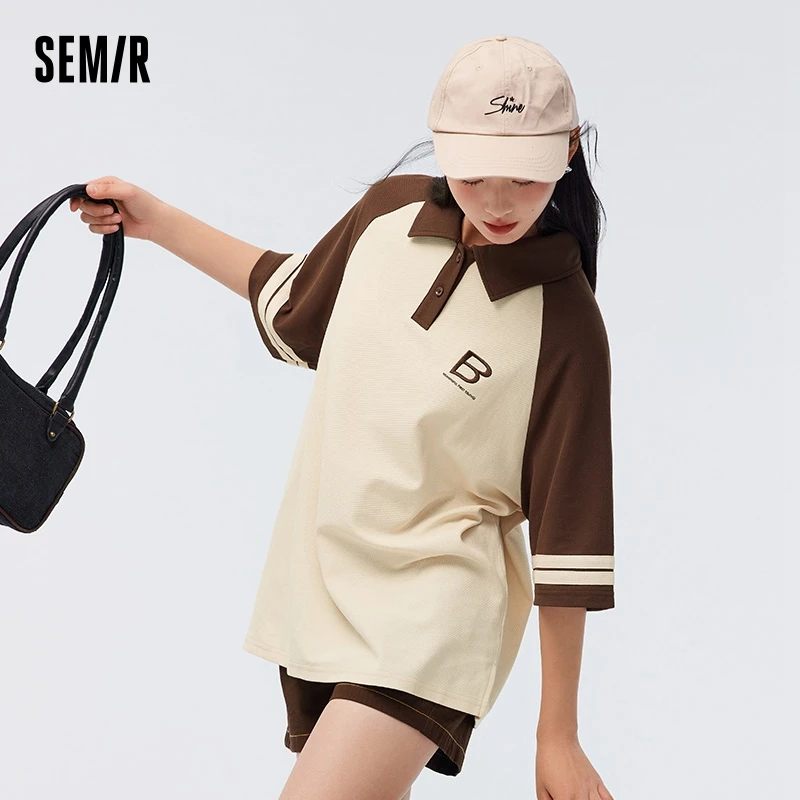 Semir Polo Shirt Women Mid-Length Loose Lazy 2023 Summer New American Retro Colour Collision Shoulder Sleeve Clothes