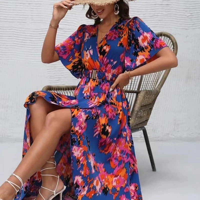 

Women's Summer Floral Dress V Neck Sundress with Waistband Casual Short Sleeves Beach Long Dresses