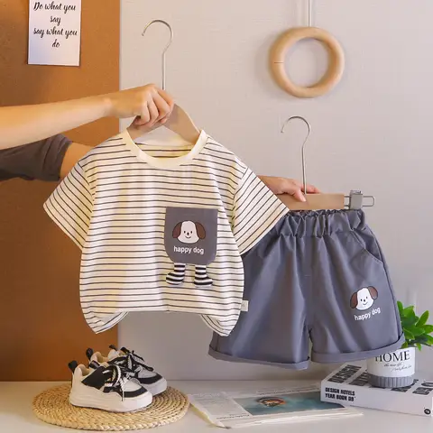Summer Kids Boy Clothes Children Clothing Suit Cartoon Dog Stripe T-shirt Shorts 2pcs/set Sport Infant Outfits Clothing 0-5 Year