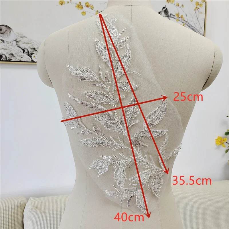 Luxury beaded sequin embroidery lace appliques for wedding dresses Rhinestone lace applique patches Embroidery lace parches ropa