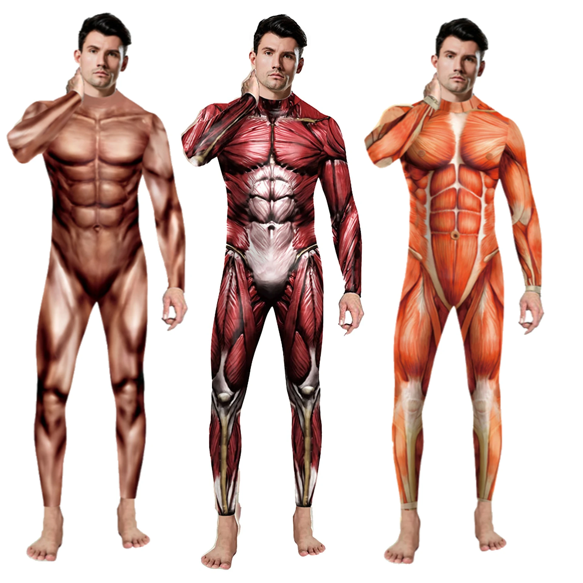 

Halloween Muscle 3D Jumpsuit Cosplay Costume Halloween Bodysuit Spandex Elastic Adult Catsuit Party Zentai Skinny Outfit Rompers