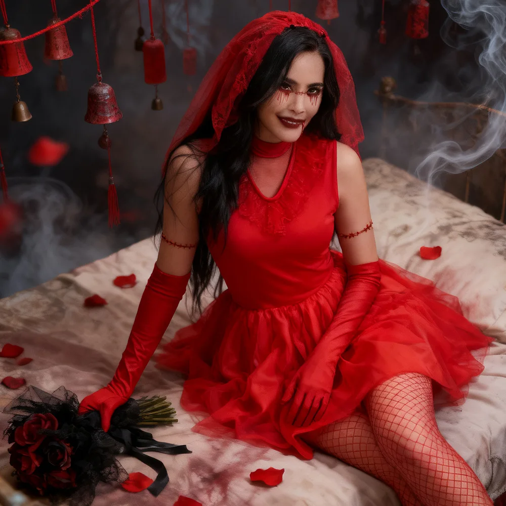 Vestido de cosplay de novia fantasma rojo, traje de actuación de personaje fantasma del inframundo de Halloween, vestido de novia de terror gótico