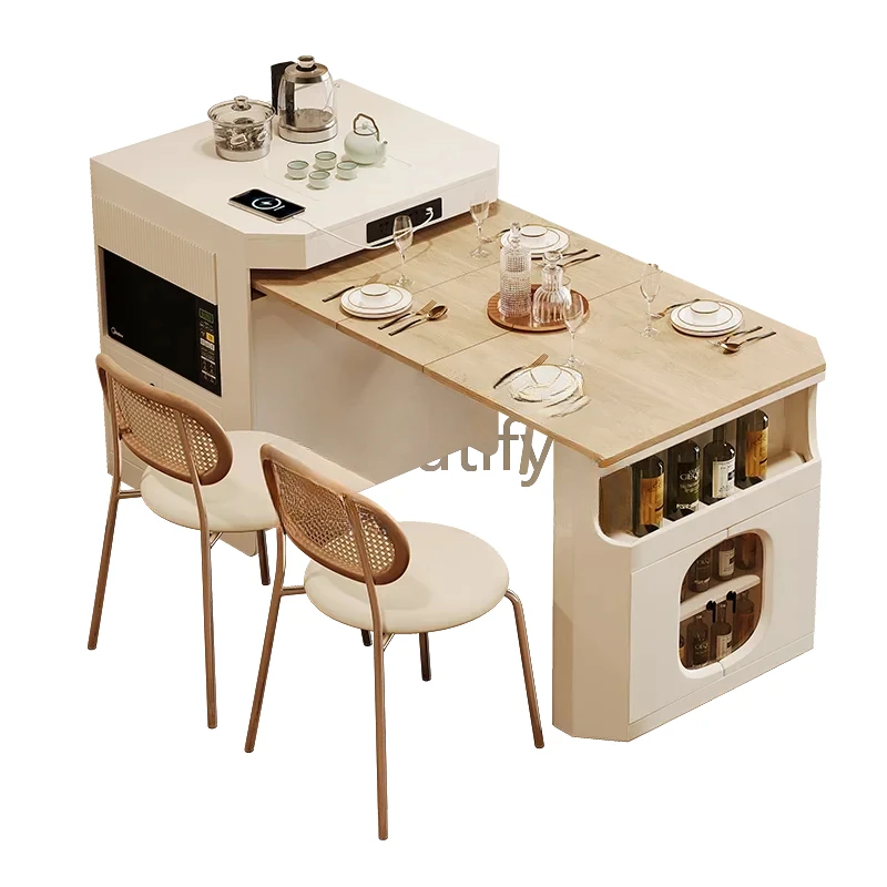 A  High-end kitchen restaurant cream inverted island integrated retractable dining table