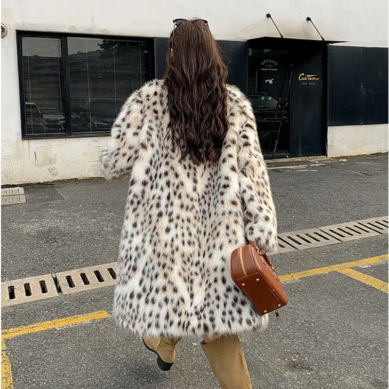 Leopard Print Fur Thicke Fur Jacket Women's Outwear Autumn Winter New Eco-Friendly Faux Fox Fur Leopard Print Lapel Fur Coat