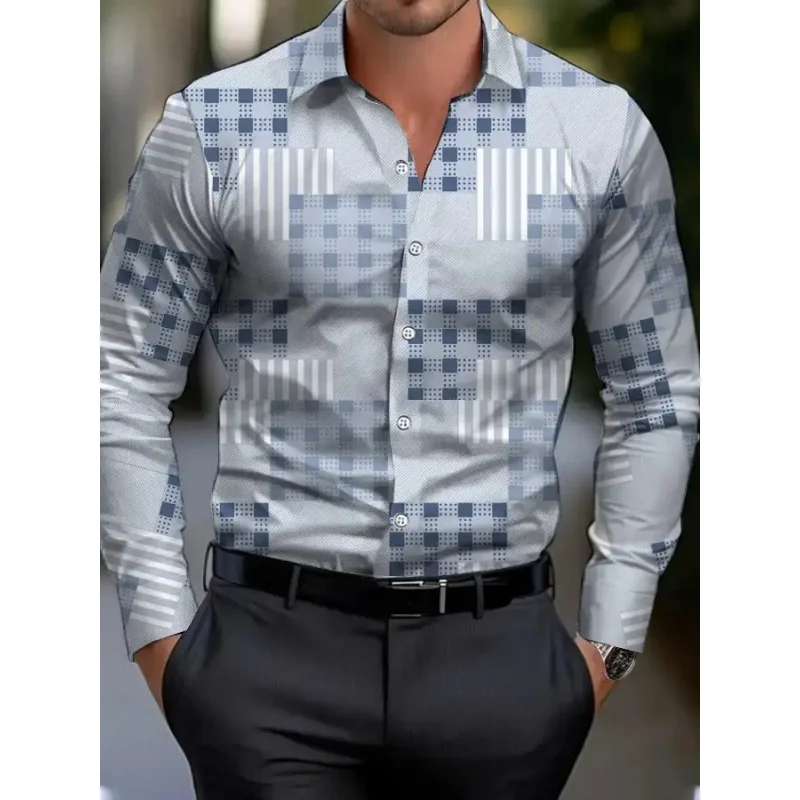 

Красочные гавайские рубашки с квадратным полосатым узором для мужчин, рубашки Aloha с цветными блоками и 3D принтом, повседневные свободные топы с длинными рукавами, блузки