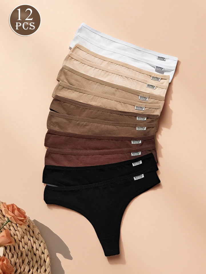  12pcs Women Low Rise Soft Stretch Solid Thongs,Soft Breathable Daily Sport Basic Ladies Underwear All Season Hand Wash 