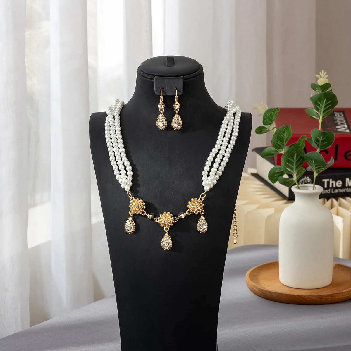 أنيقة الزفاف تقليد اللؤلؤ مجموعة قلادة أقراط اليدوية مطرز معدن مطلية بالذهب قلادة المغربي مجوهرات الزفاف الشعبية #1