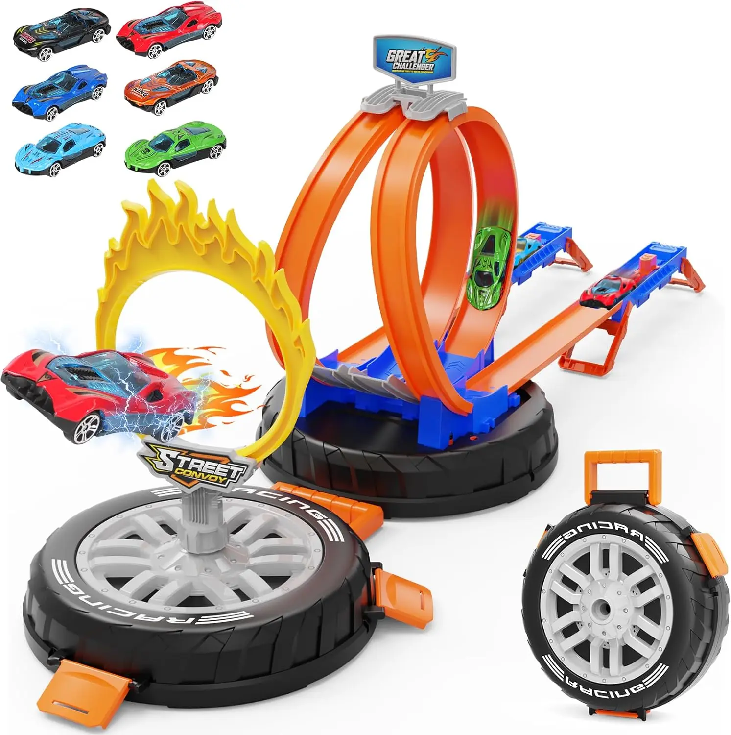 Shaped Case Transforms Into Race Course, 6 Cars in 1:64 Scale, 2 Ways To Play, Action Loop Cyclone Challenge & Speed Snap Track