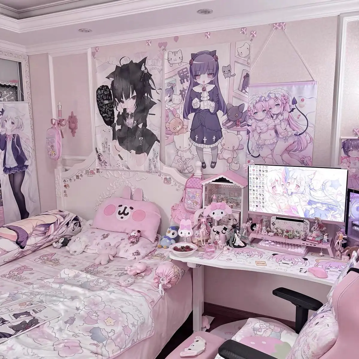 Harajuku Aesthetic Original Ins Anime Black Pink Kawaii Tapestry, Cute Girl Wall Hanging Blanket for Dorm Bedroom Interior Makeo