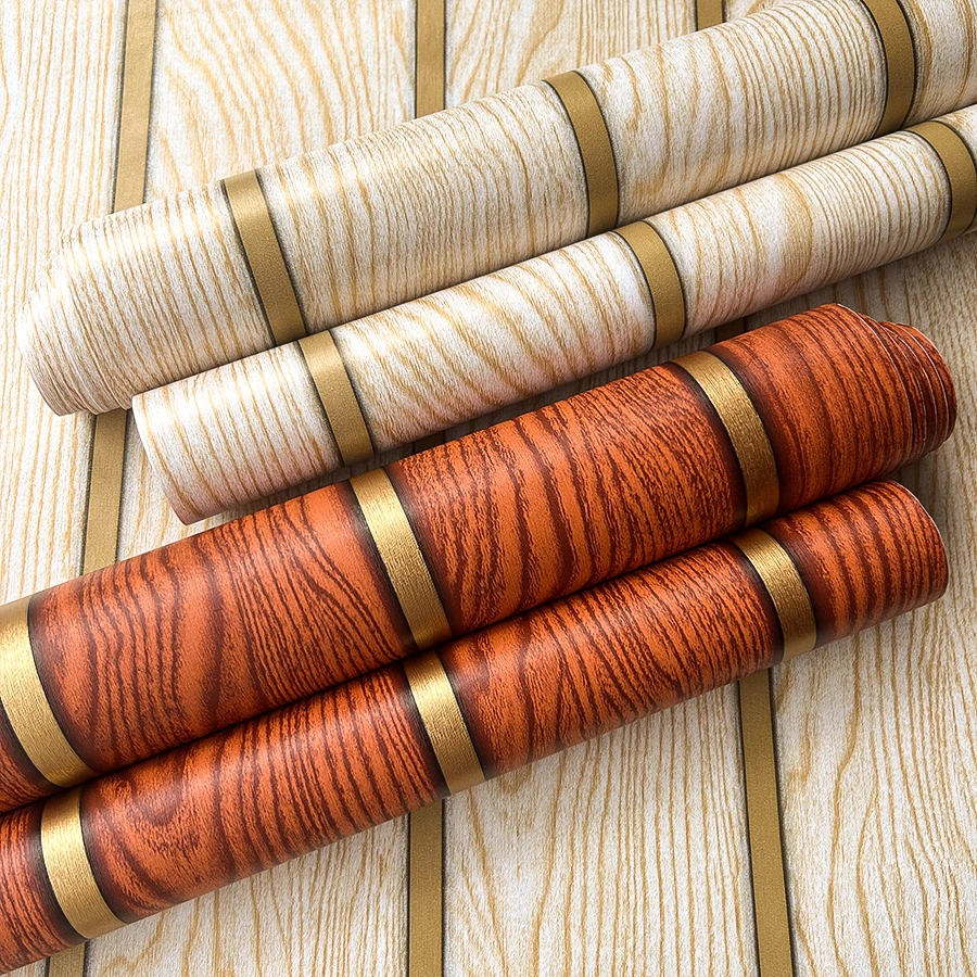 1 Roll Luxury 3D Wood Grain Gold Line Self-Adhesive Wallpaper, DIY Glue-Free Wall Sticker for Living Room Bedroom Dining Room