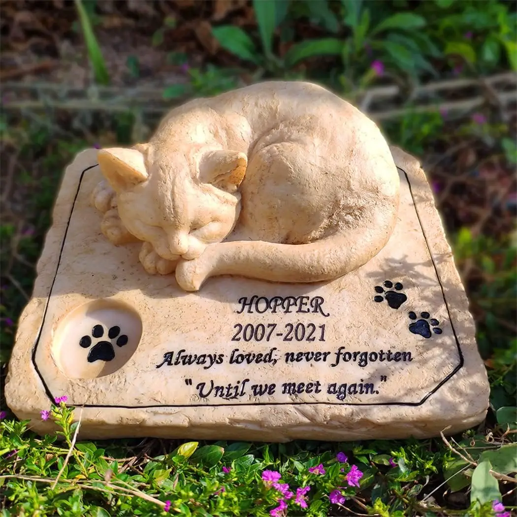 Cat Memorial Stones,Personalized Pet Memorial Stones Grave Markers with A Sleeping Kitten On The Top, 8"×6.5"×3"