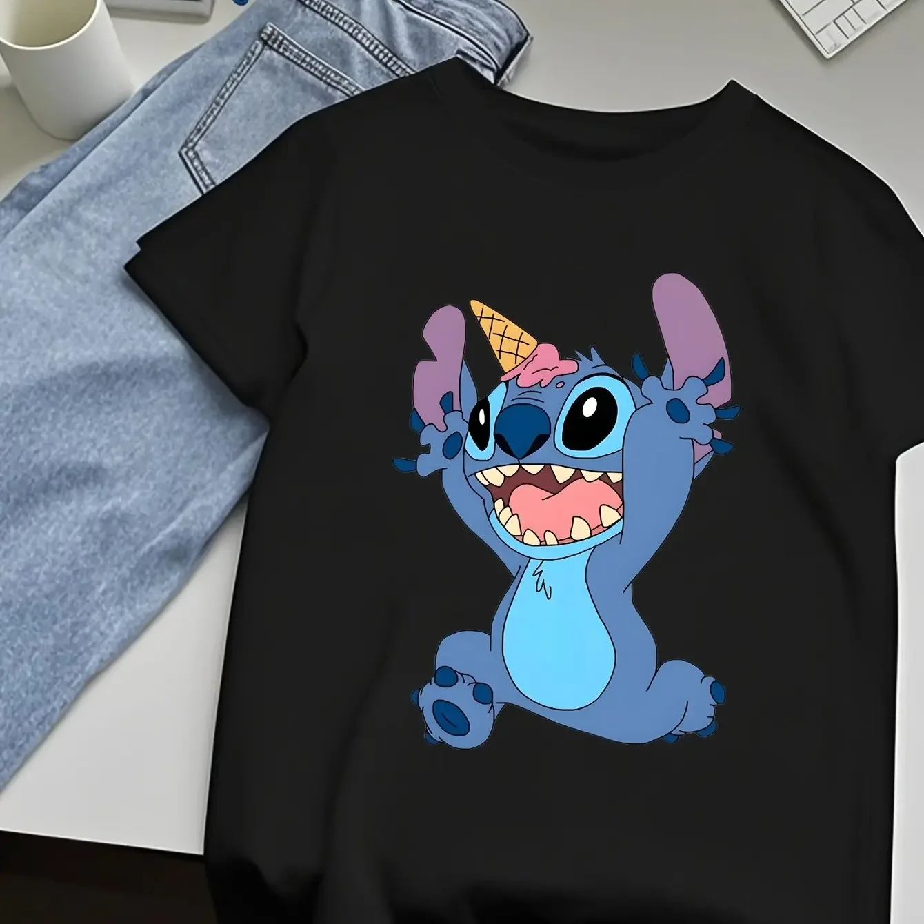 

Cute Cartoon Ice Cream Stitch Print Summer Women's Plus Size T-shirt Trendy and Fashionable Loose Casual Short Sleeved T-shirt