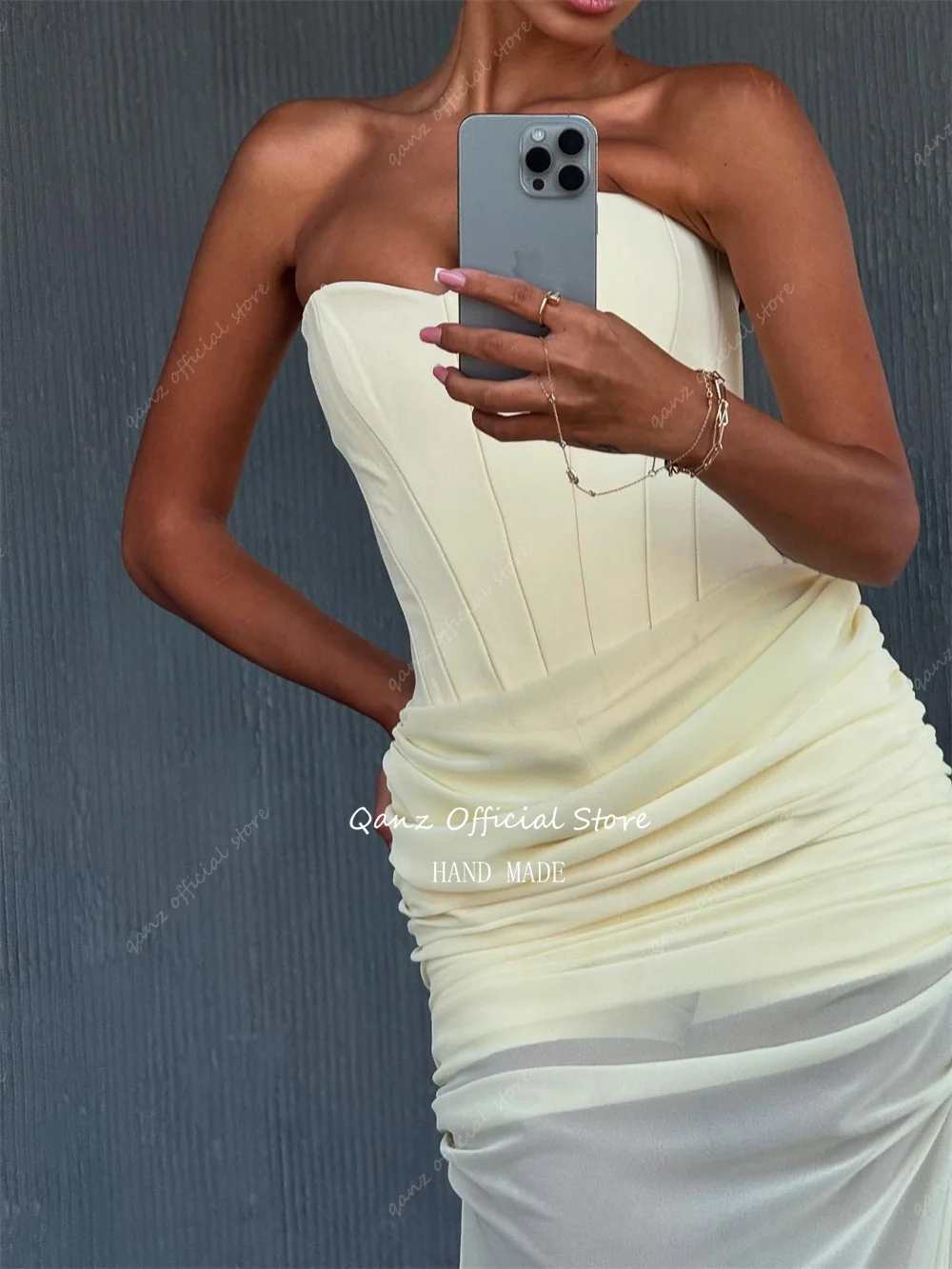 Qanz robes De bal modernes jaune en mousseline De soie sirène robes De Boda Para Fiestas chérie Illusion robe De soirée femmes personnalisé