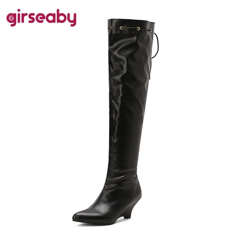

Girseaby 2025 пикантные женские сапоги до бедра с острым носком на танкетке 6,5 см без шнуровки на шнуровке размера плюс 46 47 48 модная вечеринка стрейч Bota