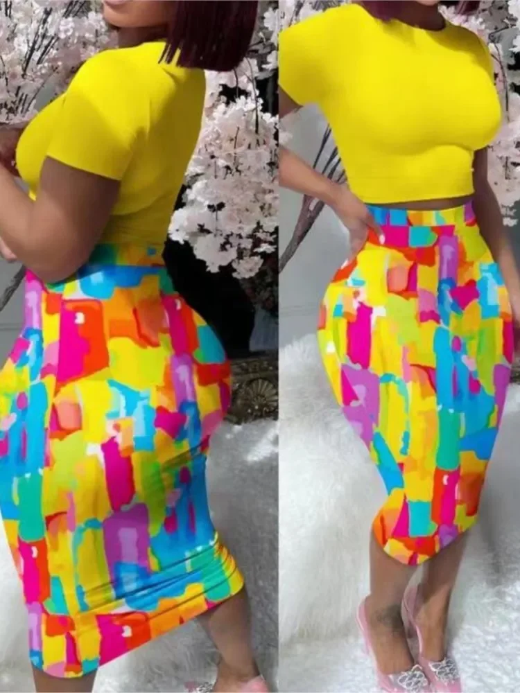 

Летние модные комплекты из двух предметов с принтом, женские однотонные повседневные футболки с короткими рукавами, топ и длинная юбка с высокой талией, женский облегающий костюм