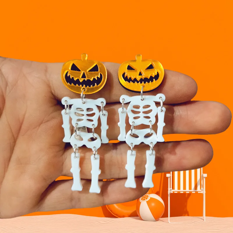 Europe and America Acrylic Resin Pumpkin Half Body Skull Earrings UNISEX Halloween Punk Hip-hop Party Jewelry Earrings