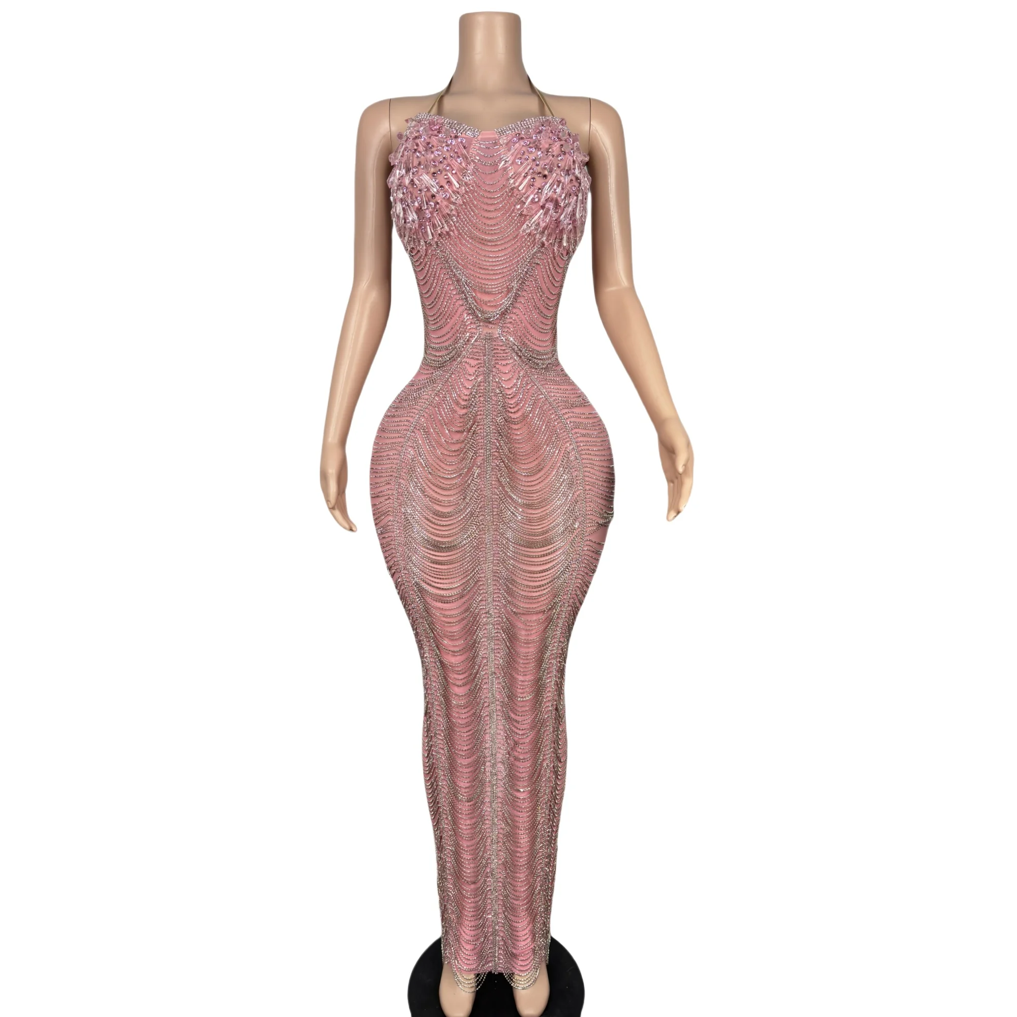 Nobre jantares de luxo sem alças vestido de baile brilhante strass correntes bodycon maxi vestido celebrar boate aniversário vestido magro