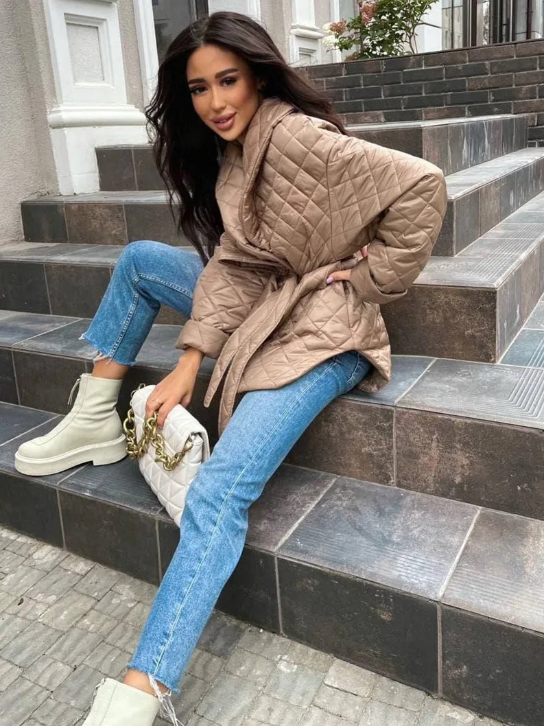 Jaet de algodón ajustado de invierno con cinturón largo Sve Plaid ort frente largo Ba abrigo de abrigo de longitud media para mujer