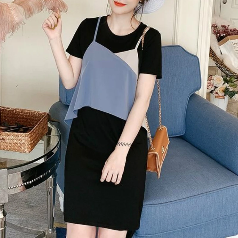 

Платье женское в стиле пэчворк с асимметричным разрезом по бокам, популярное 3XL, свободное модное универсальное женское платье в корейском стиле, искусственные платья из двух предметов