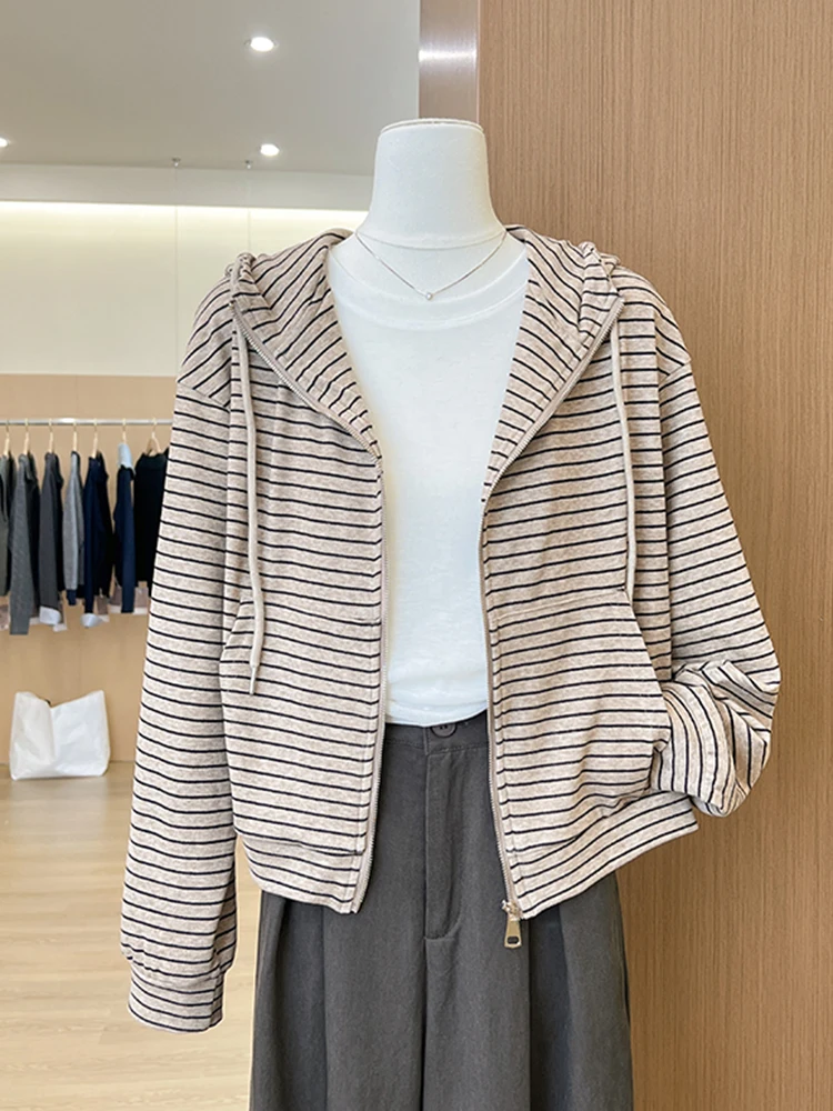 

Женский повседневный вязаный кардиган с капюшоном, на молнии, в полоску, свободного кроя, универсальный, осенне-зимний, новинка