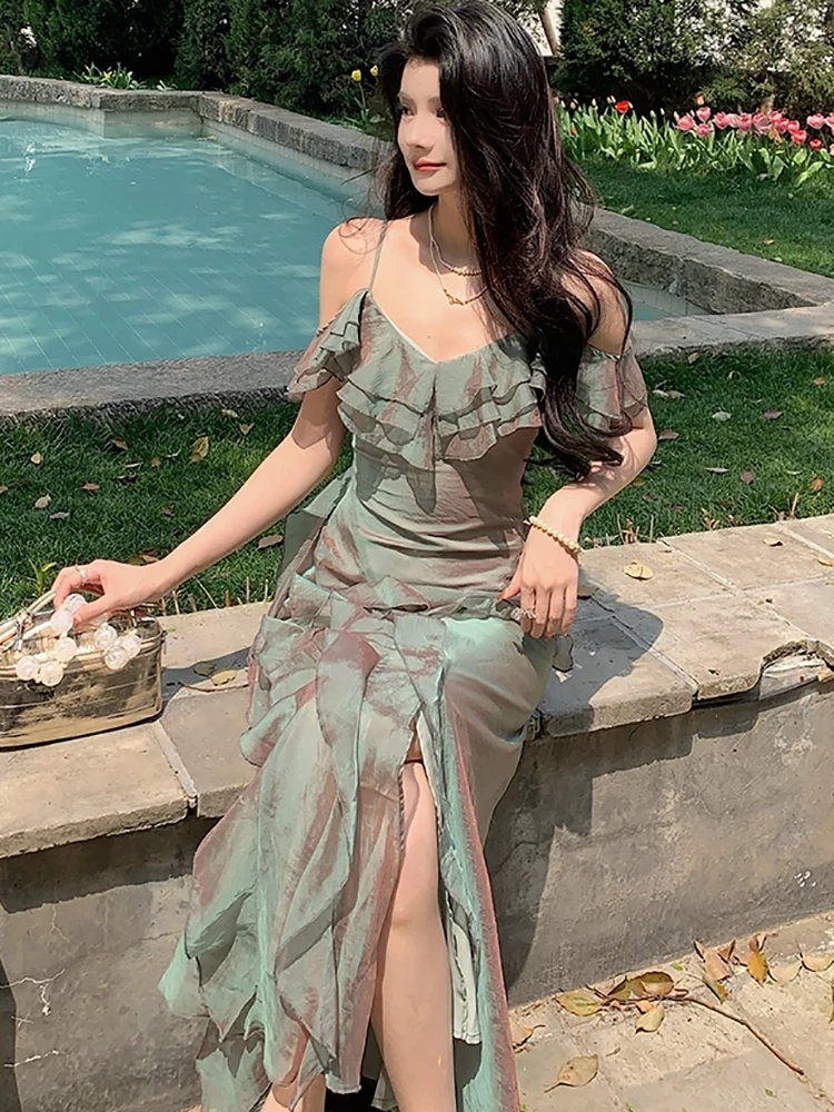 여성 그린 패치워크 러플 V넥 슬링 섹시 드레스 2025 한국 빈티지 럭셔리 댄스 파티 드레스 여름 우아한 이브닝 드레스