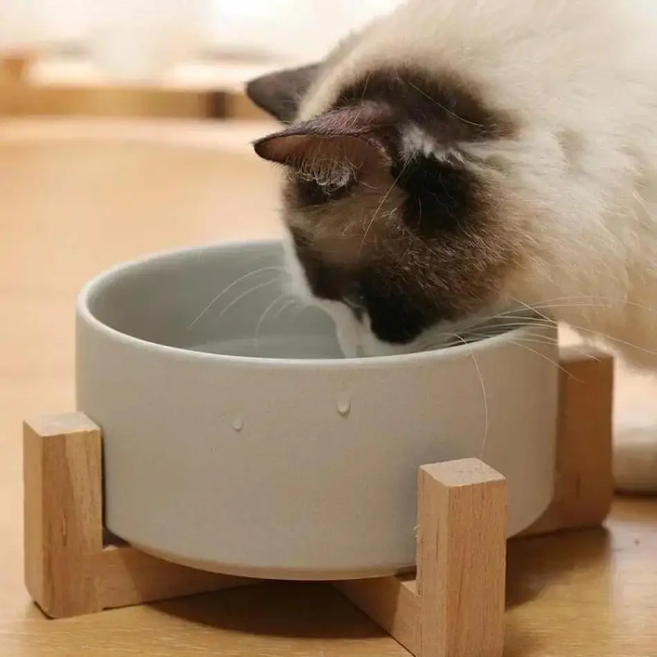 Comedero y bebedero cerámico para perros y gatos – Estante de madera - imagen 4