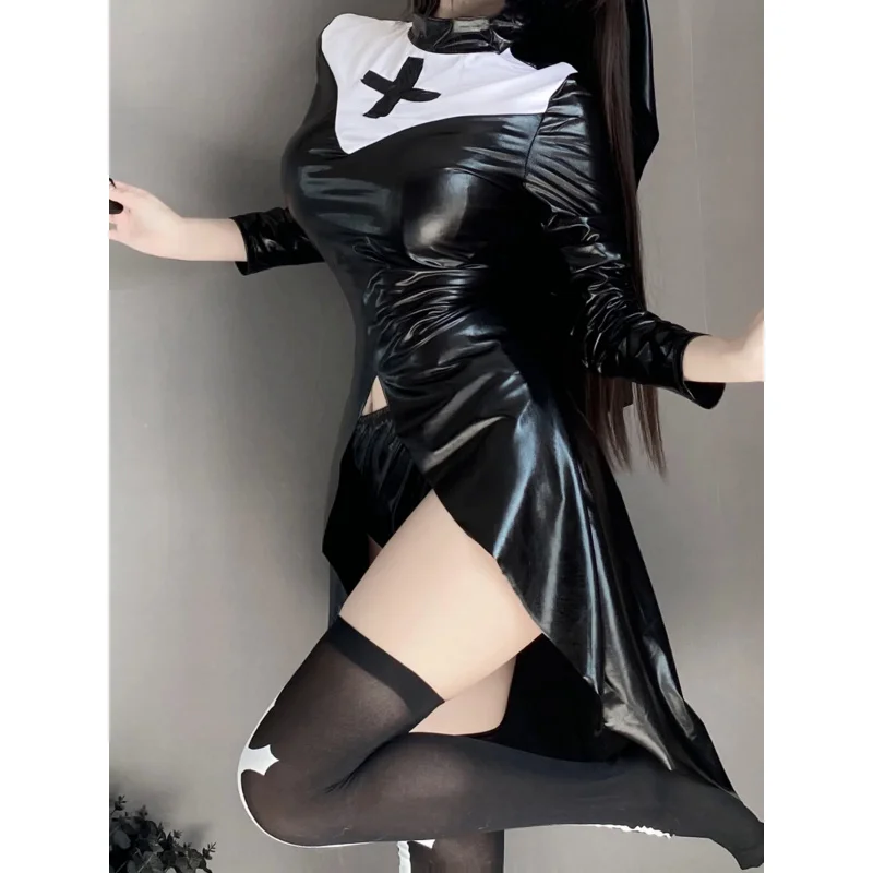 Vampire Nun Uniform Women Halloween Adult Sister Cosplay Costume PU Leather Cross Dark Dress Gothic Party Rave Clothes Dropship