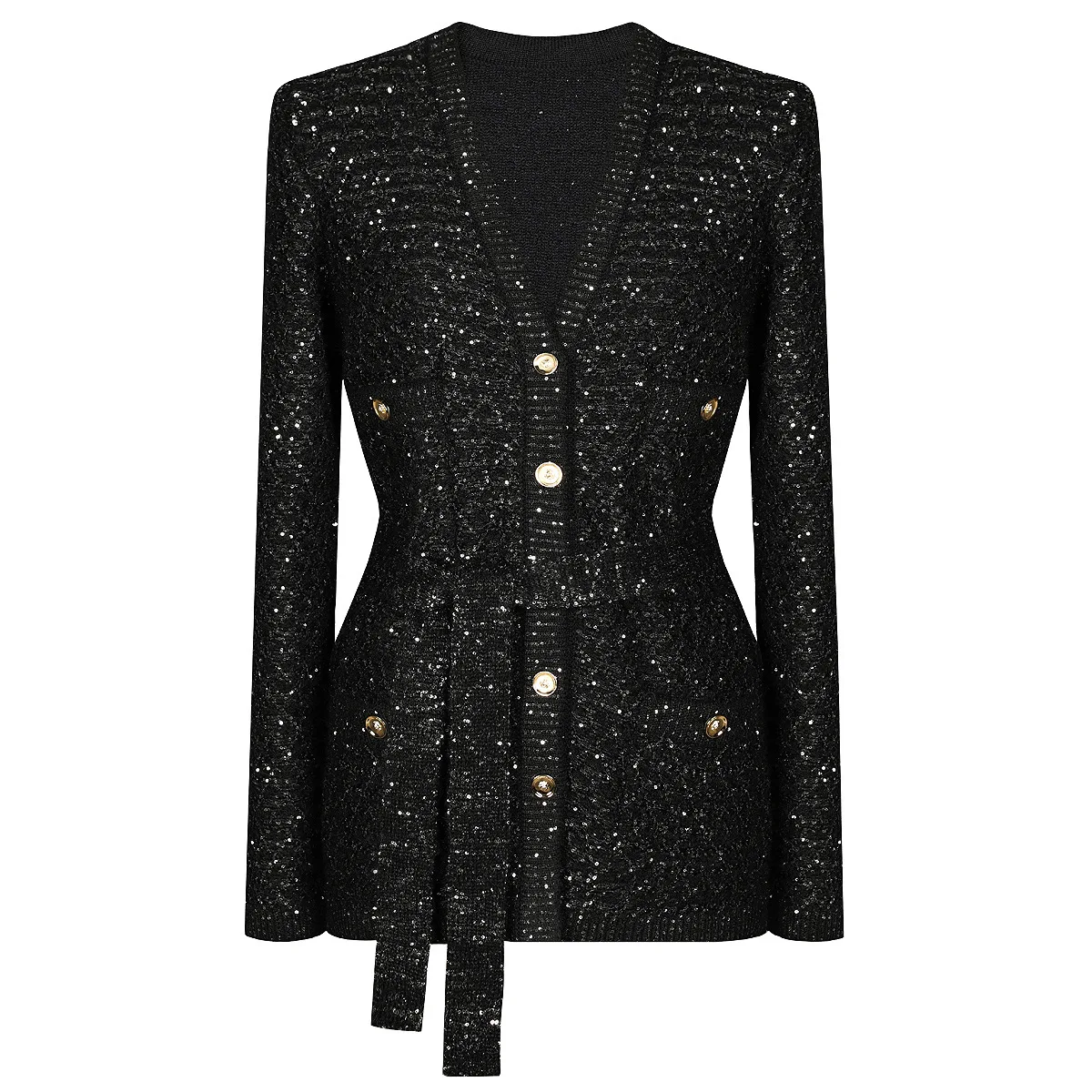 

High-end Spring Autumn New European American High-Quality Sequined Knit Long-Sleeve V-Neck Cardigan Top Jacket blazer femmes