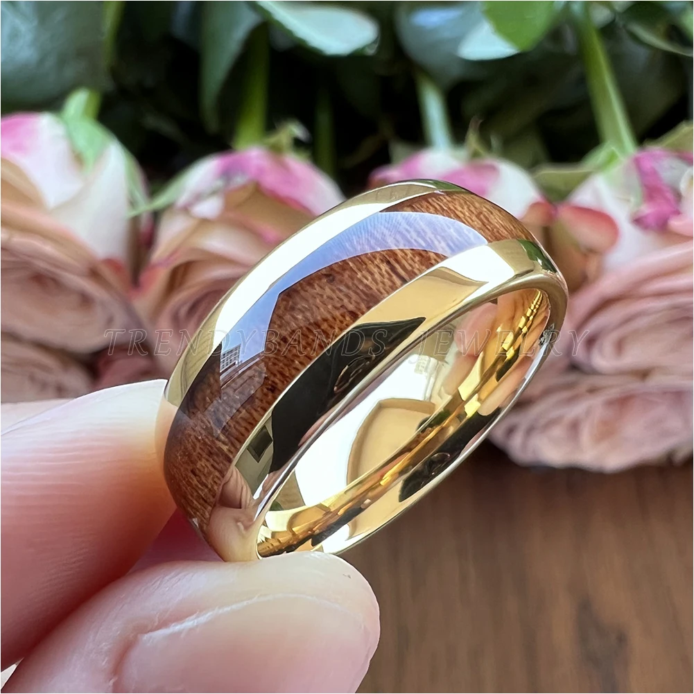 Ringe für Damen und Herren, Wolframkarbid, Ehering, Verlobung, Modeschmuck, Holzeinlage, gewölbt, poliert, glänzend, bequeme Passform – Detail 3