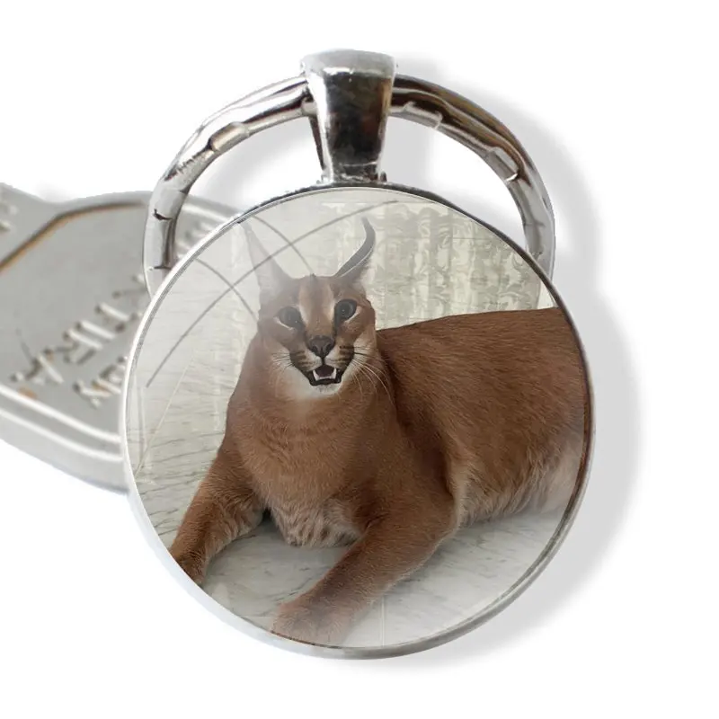 Keychain Handmade Glass Cabochon Key Ring Holder Pendant Key Chains Caracal Cat Floppa