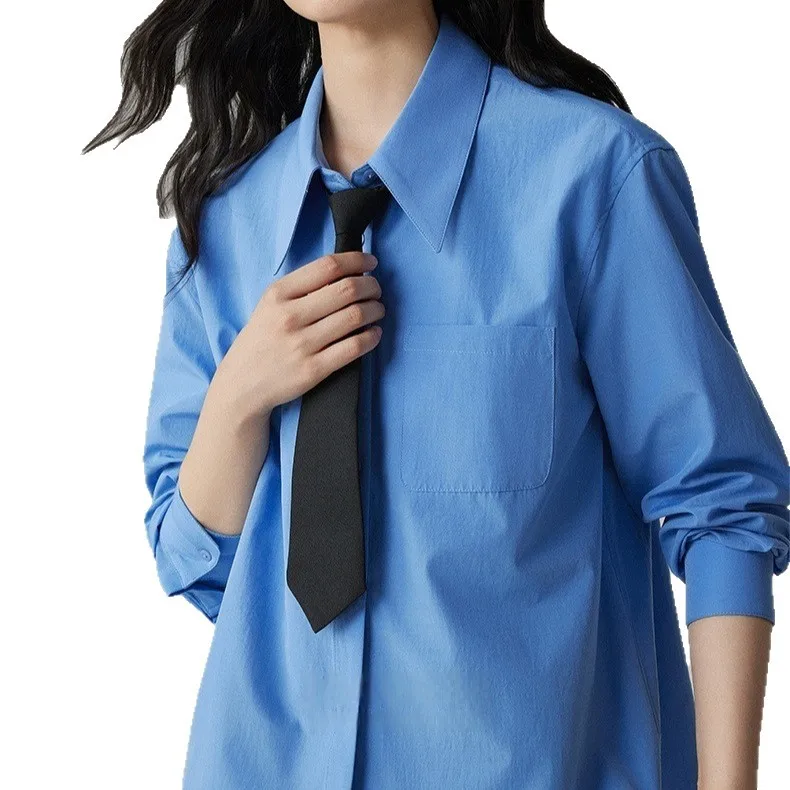 

Рубашка с длинным рукавом 2026 года, синяя, свободного кроя, для офиса, в профессиональном французском стиле, на все сезоны, из полиэстера, однотонная, базовая