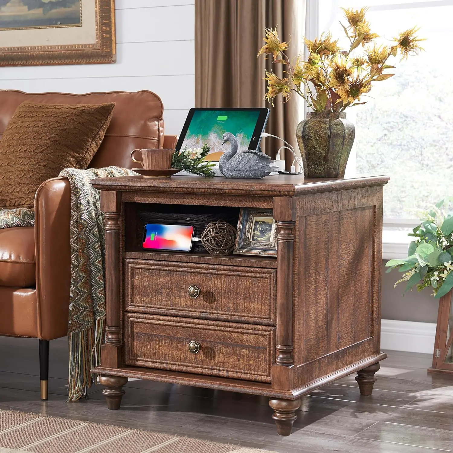 24'' Farmhouse End Table w/4 Solid Wood Feet, Large 2 Drawers Wide Sofa Side Table with Charging Station, Tall Rustic Wo