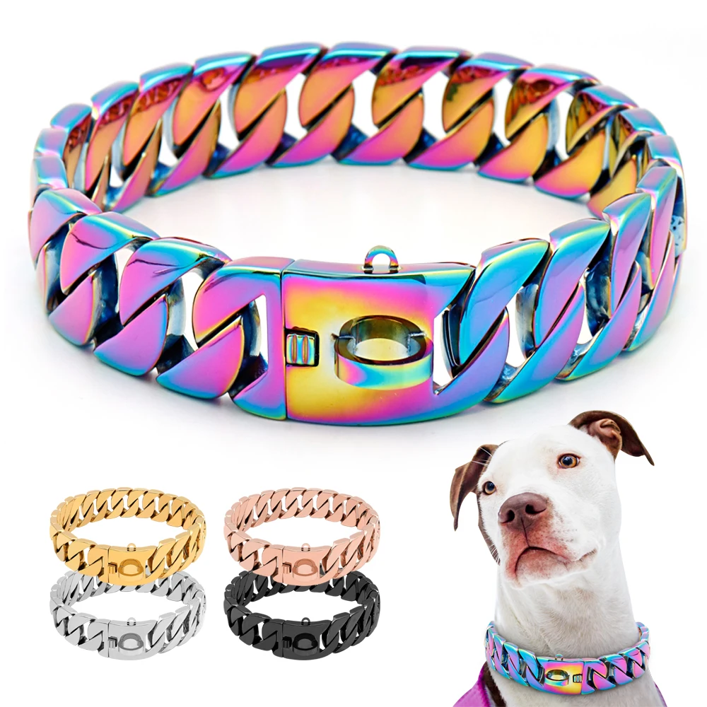 Multicolor Metal Dog Chain Collars Strong Stainless Steel Pet Training Collar Cuban Necklace for Large Bulldog Show Collar