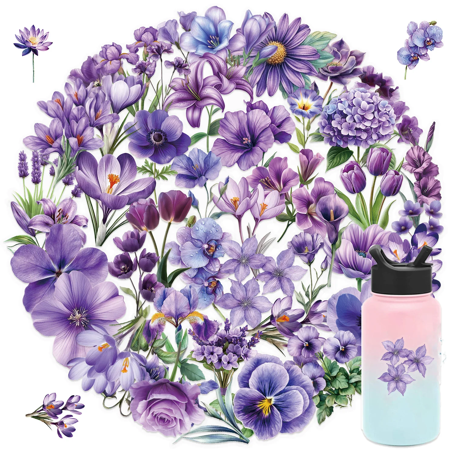 50pcs Waterproof Purple Flowers Stickers Transparent Romantic Art Matte Finish for Laptops Phone Cases Creative DIY Decorative