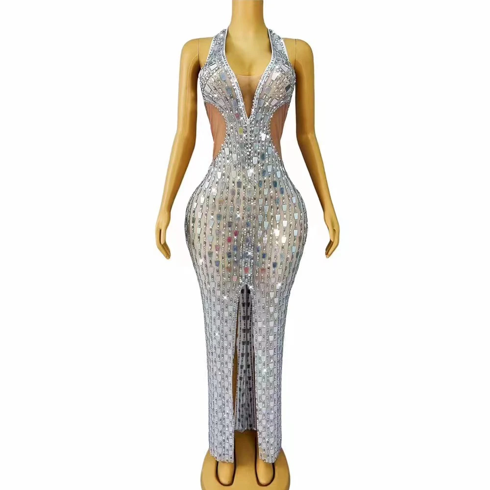 

Sexy Stage Shining Rhinestones Mirrors Halterneck Backless Dress Women Birthday Cocktail Party Evening Gown Stretchy Costume