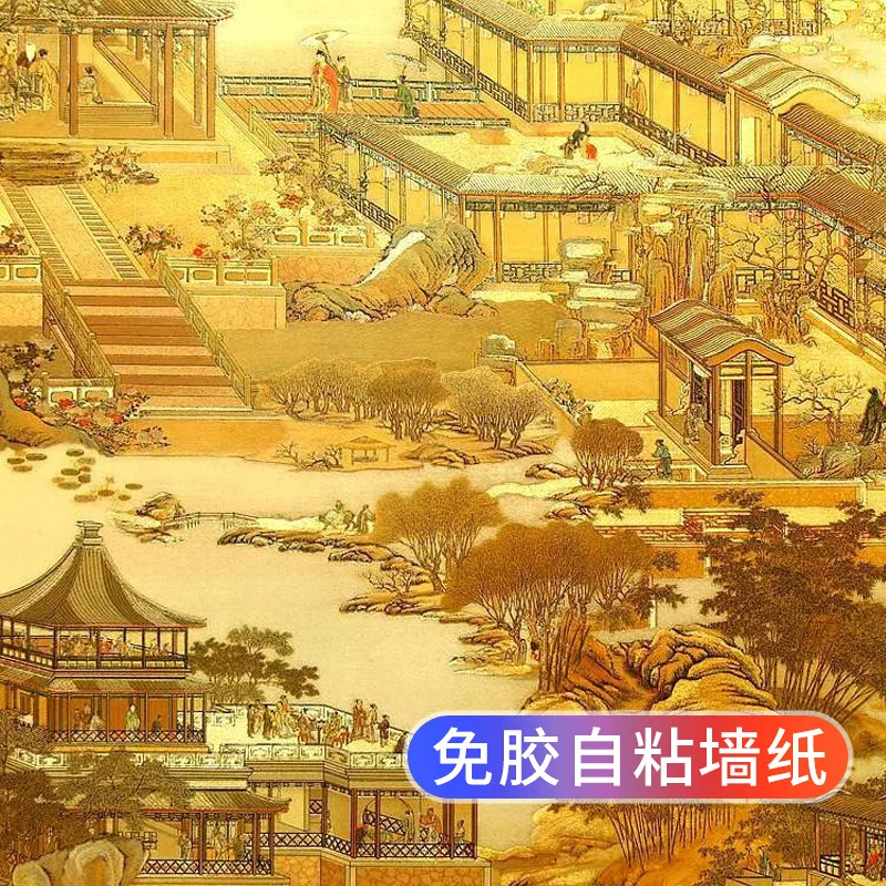 Ming Dynasty Riverside Scene Wallpaper Self Adhesive Golden Cloud Foil Reflective Yellow Chinese Temple Wall Sticker