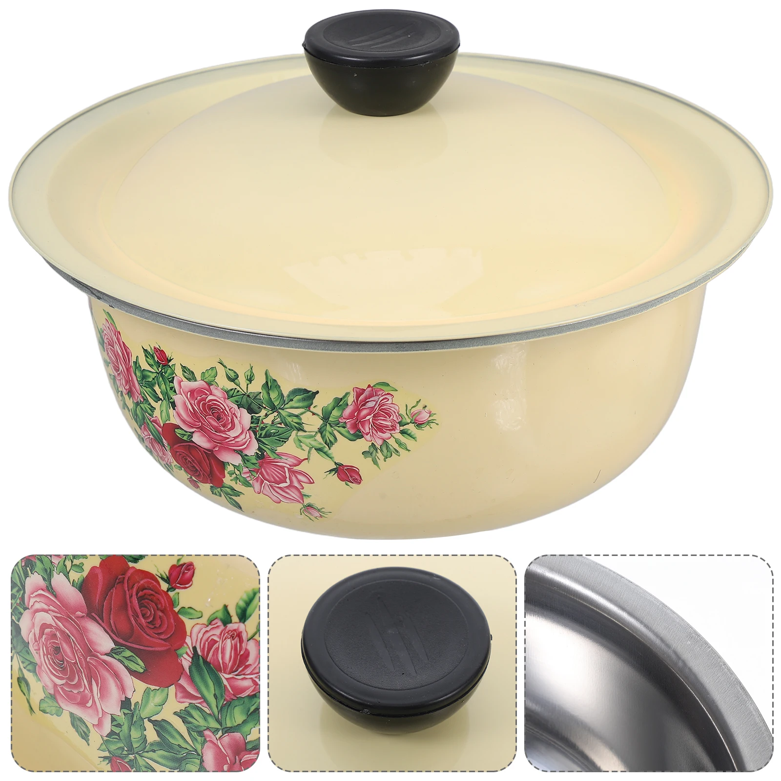 

Retro Enamel Mixing Bowl 18Cm Vintage Style Kitchen Essential Metal Basin Dustproof Lid Home Restaurant Use Cereal