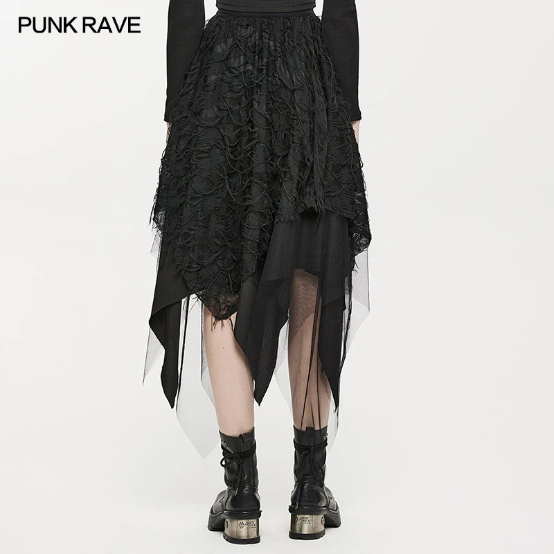 PUNK RAVE Women\'s Punk Style Dry Butterfly Asymmetrical Half Skirt Fashion Mesh Burnt and Tattered Female Black