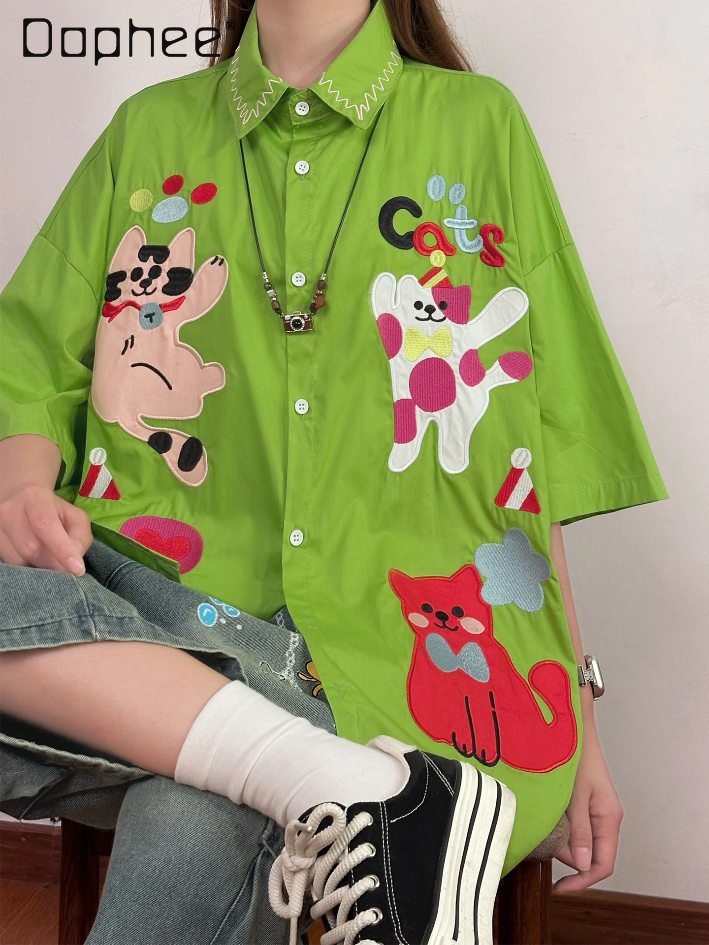 

2025 Spring Summer Japanese Cartoon Cat Embroidered Short-sleeved Shirt Women's Retro Loose Shirt Womens Tops Blouse