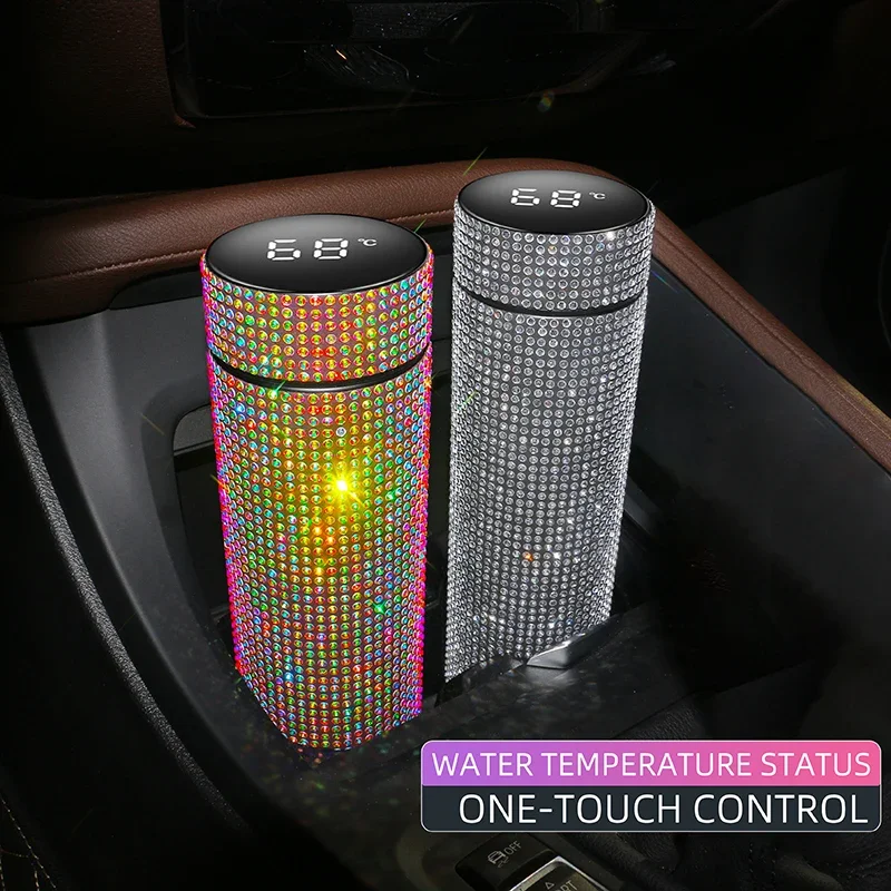 Bling Car Thermos Mug Stainless Steel Cup Temperature Display Vacuum Flask Thermal Tumbler Insulated Water Bottle Auto Parts