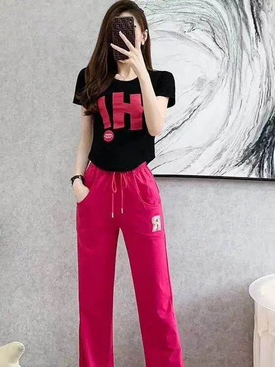 Fashionable Anti-Aging Thin Set Pink Pants 2026 Dancing Clothes Adult Stylish Slimming Two-Piece Set round Neck Short Sleeve