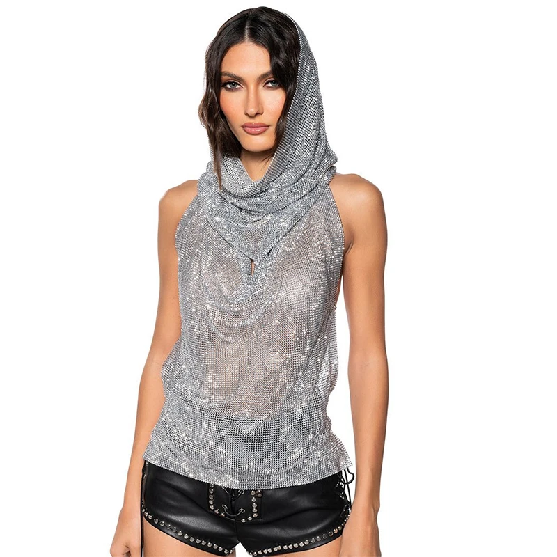 Female Y2K Crystal Metallic Sequin Halter Festival Diamond Head Vest 2 Pieces Set Silver Glistening Rhinestone Mesh Top