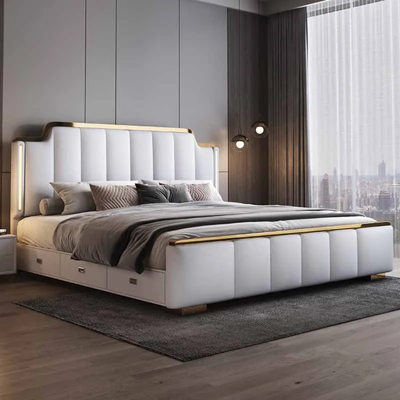 

Nordic Aesthetic Bed King Size Luxury Bedroom Queen Headboard King Bed Frame Multifunctional Cama Matrimonial Home Furniture