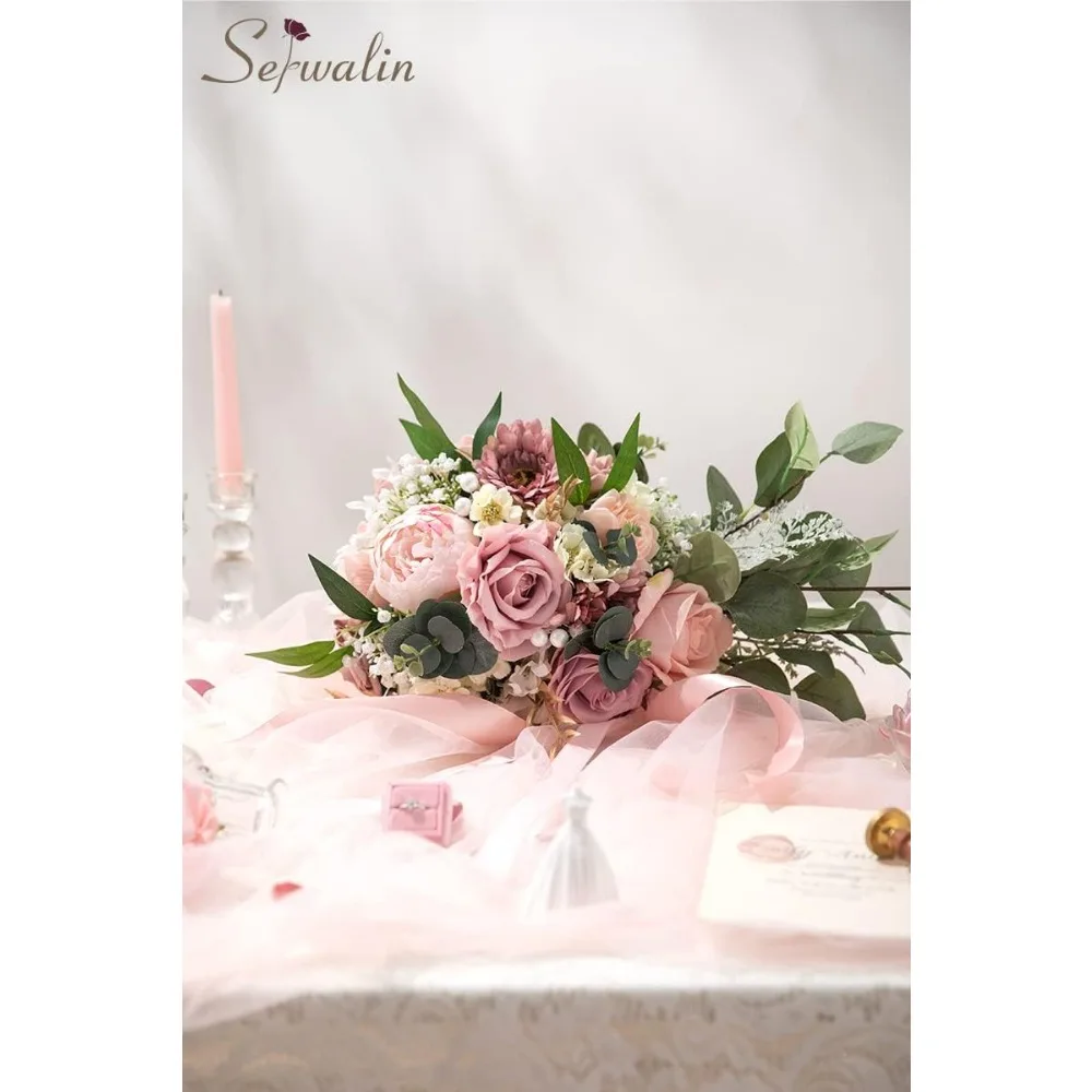 Bouquet da sposa da 9,8 pollici per la damigella d'onore della sposa, bouquet da sposa con peonie rosa polveroso per la sposa, bouquet di fiori nuziali che lancia B