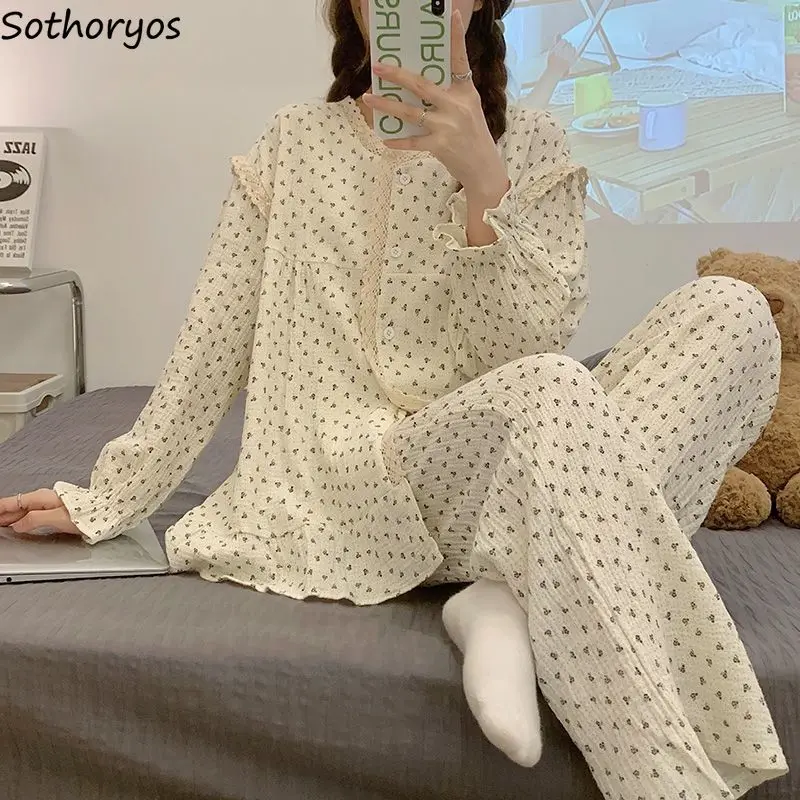 O-neck Pajama Sets Women Lace Edge Sweet Printed Full Length Sleepwear Autumn Ladies Students Leisure Bedroom Soft Comfortable