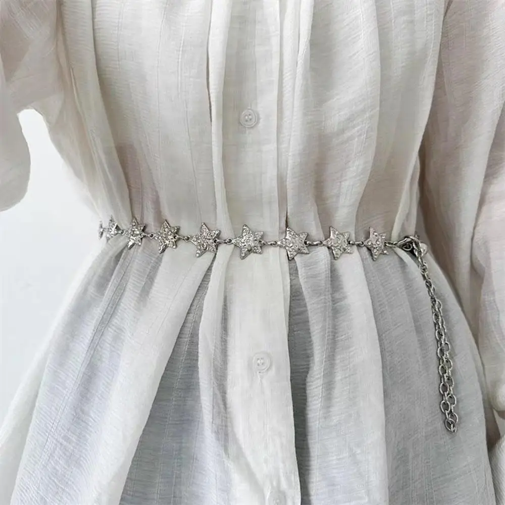 حزام معدني قابل للتعديل شرابة حزام خصر نحيف فضي اللون نجوم الخصر سلسلة الجسم سلسلة مجوهرات نجمة معدنية حزام على شكل سلسلة خماسية