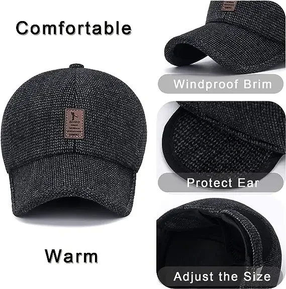 Winter Baseball Cap Woolen Knitted Ear Cover Caps for Men Dad Thicken Fleece Warm Hats with Earflaps Sport Golf Snapback Gorras