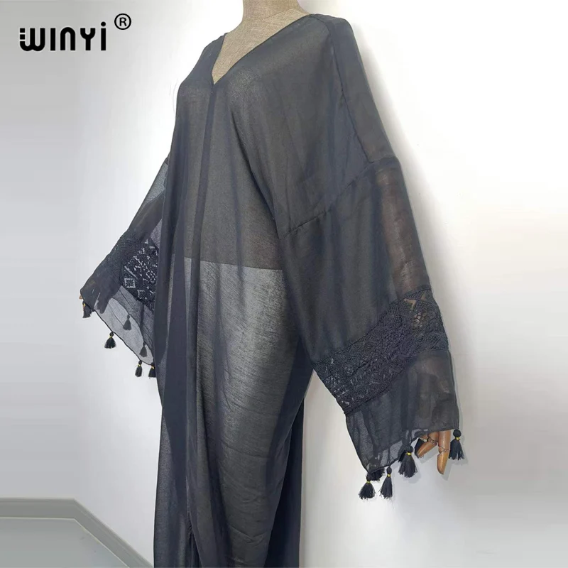 Europe 2022 WINYI V-neck elegant kaftan Women tassel  Long Loose robe femme free size Middle East Female Holiday long dress