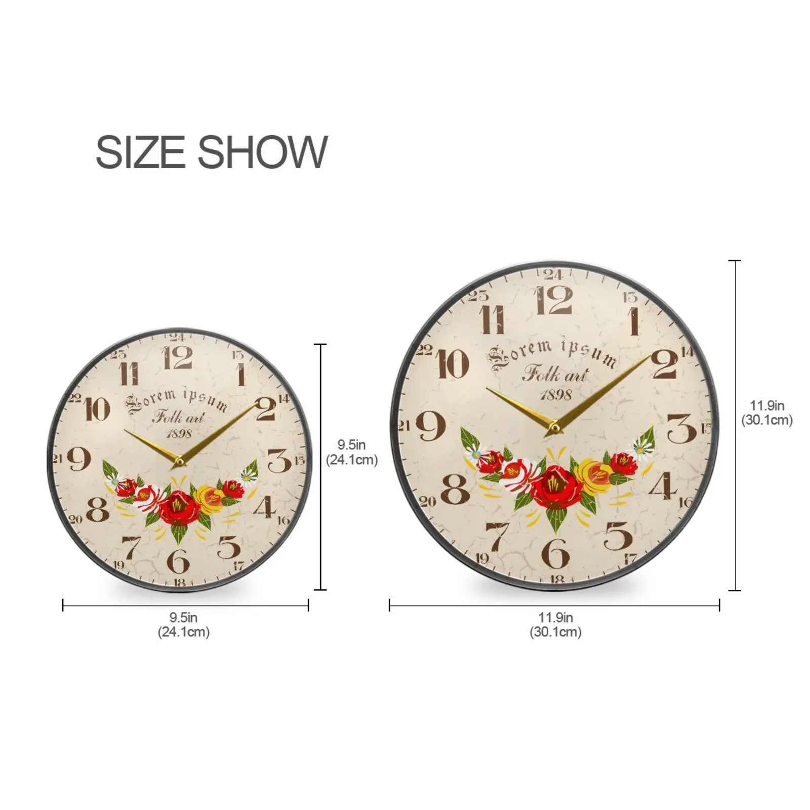 Vintage Flower Print Round Acrylic Wall Clock Silent Non-Ticking Battery Operated Hanging Wall Watch Quiet Desk Clock Home Decor